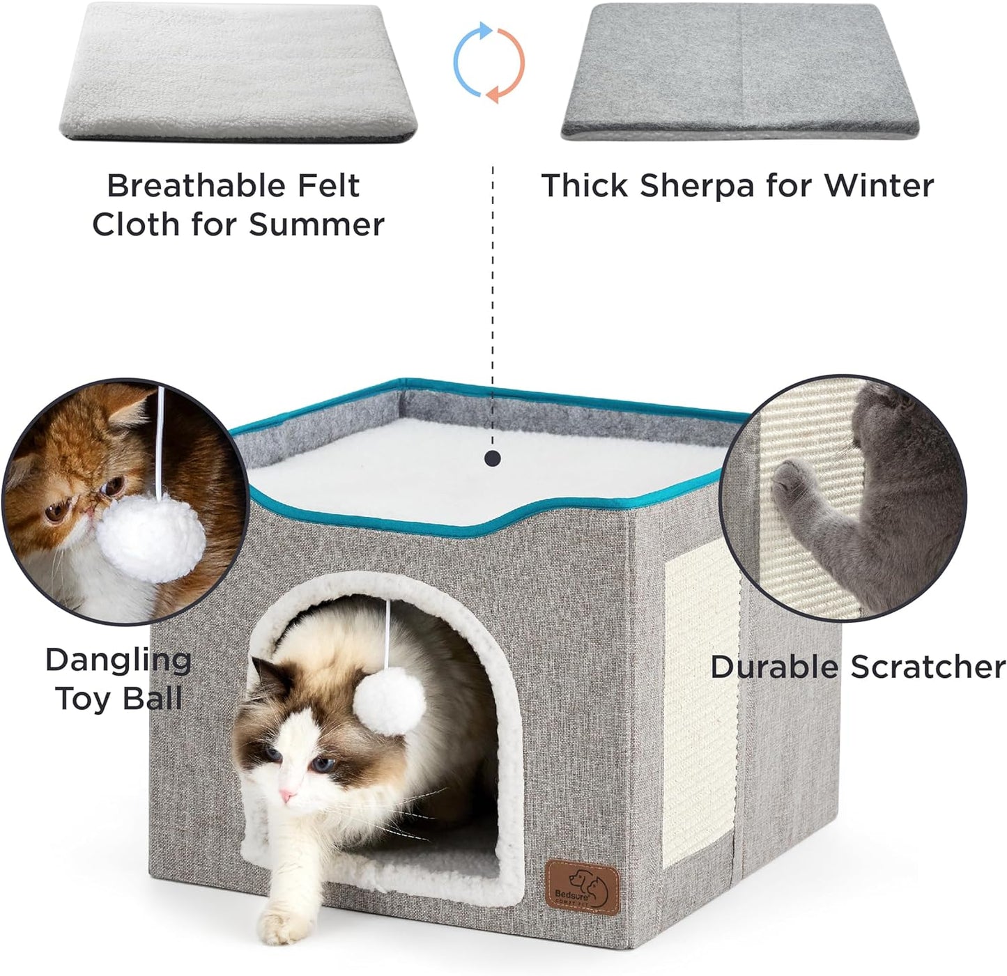 Bedsure Cat Beds for Indoor Cats - Large Cat Cave for Pet Cat House with Fluffy Ball Hanging and Scratch Pad, Foldable Cat Hideaway,16.5x16.5x13 inches, Grey Visit the Bedsure Store