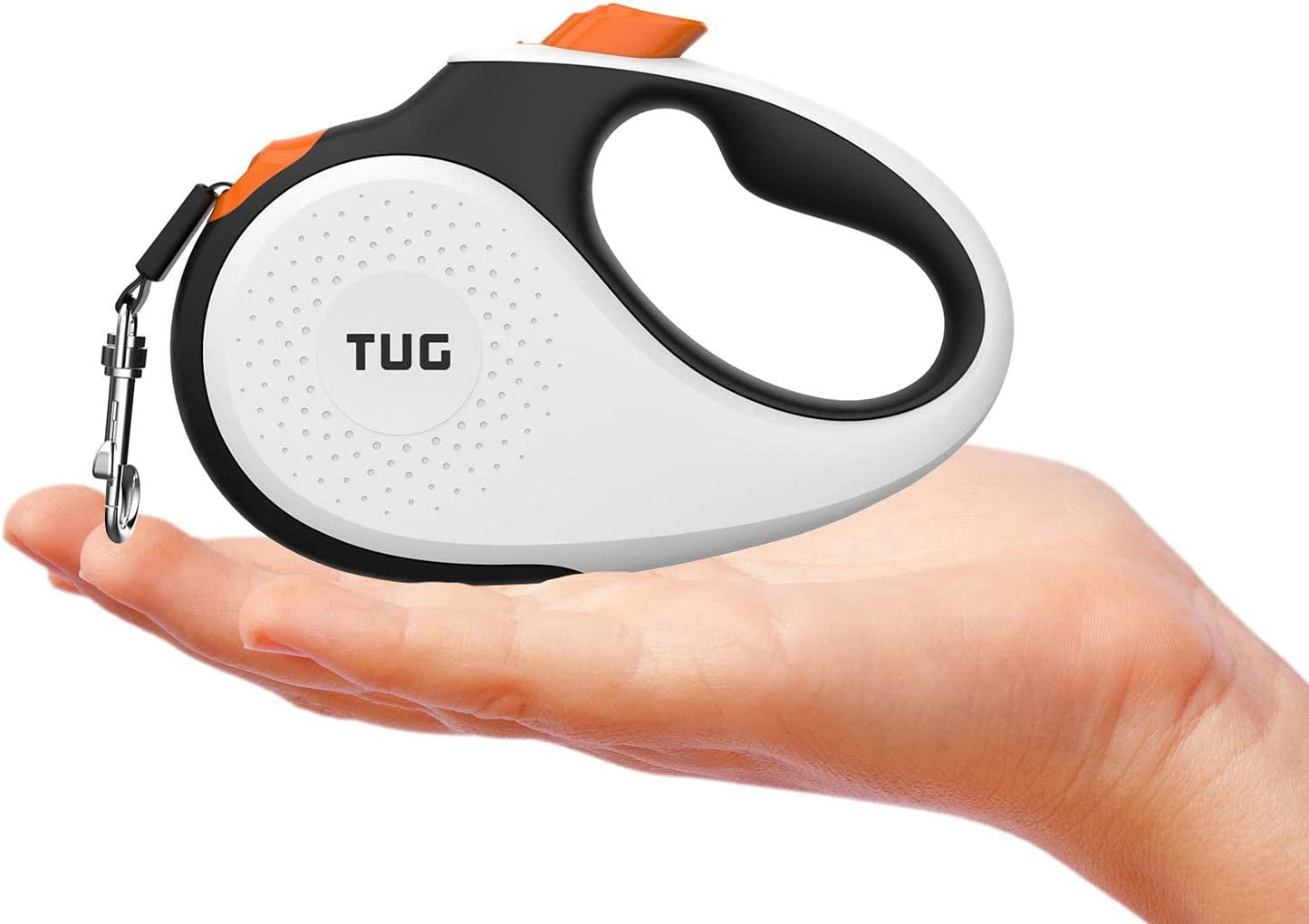 TUG 360° Tangle-Free Retractable Dog Leash with Anti-Slip Handle | 16 ft Strong Nylon Tape | One-Handed Brake, Pause, Lock (Medium, White/Orange)