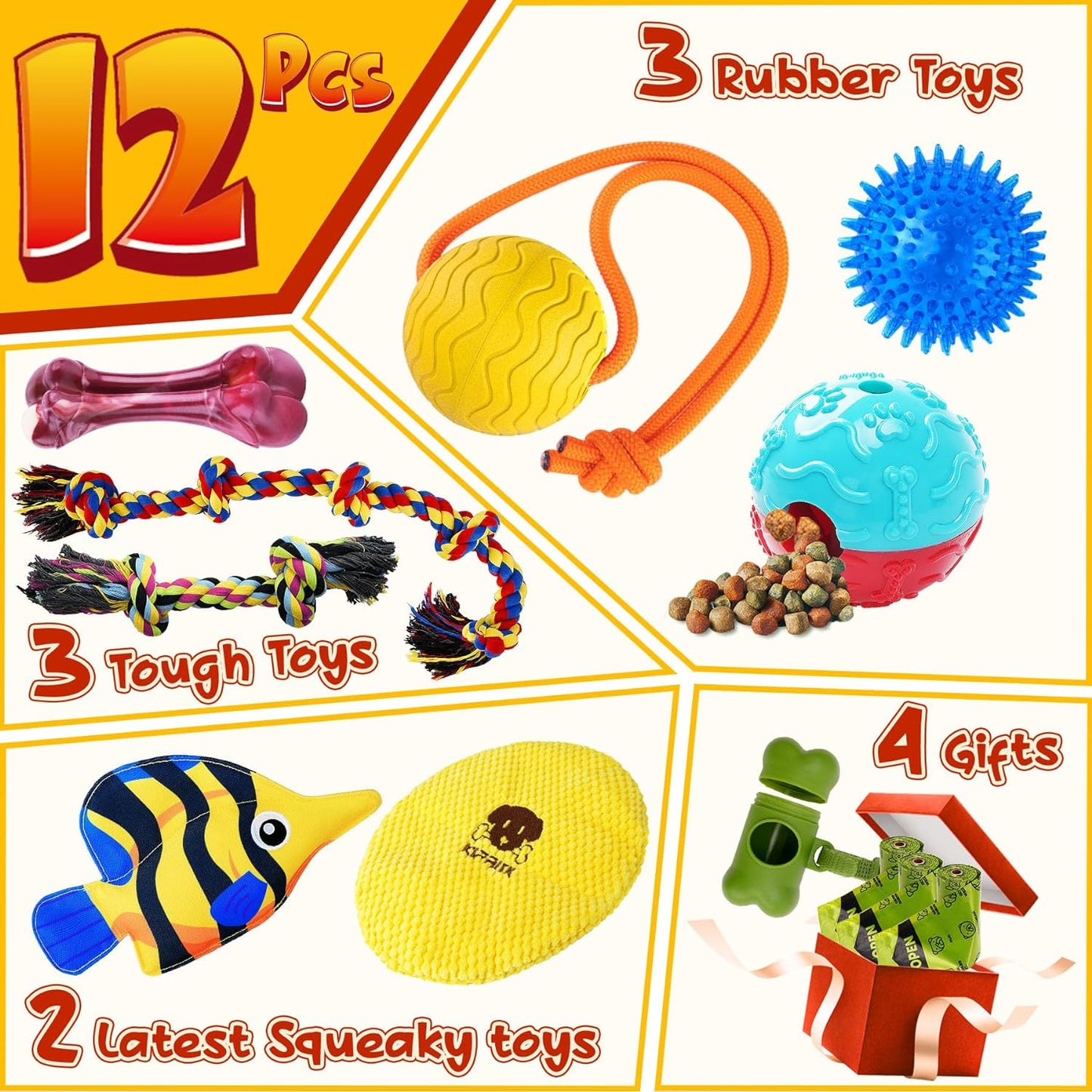 Tough Dog Toys for 45-90lbs Dogs-12 Pack Various Dog Toys for Boredom with Tough Ropes, Squeaky Toys & Dog Treat Balls for Medium & Large Breed Dogs