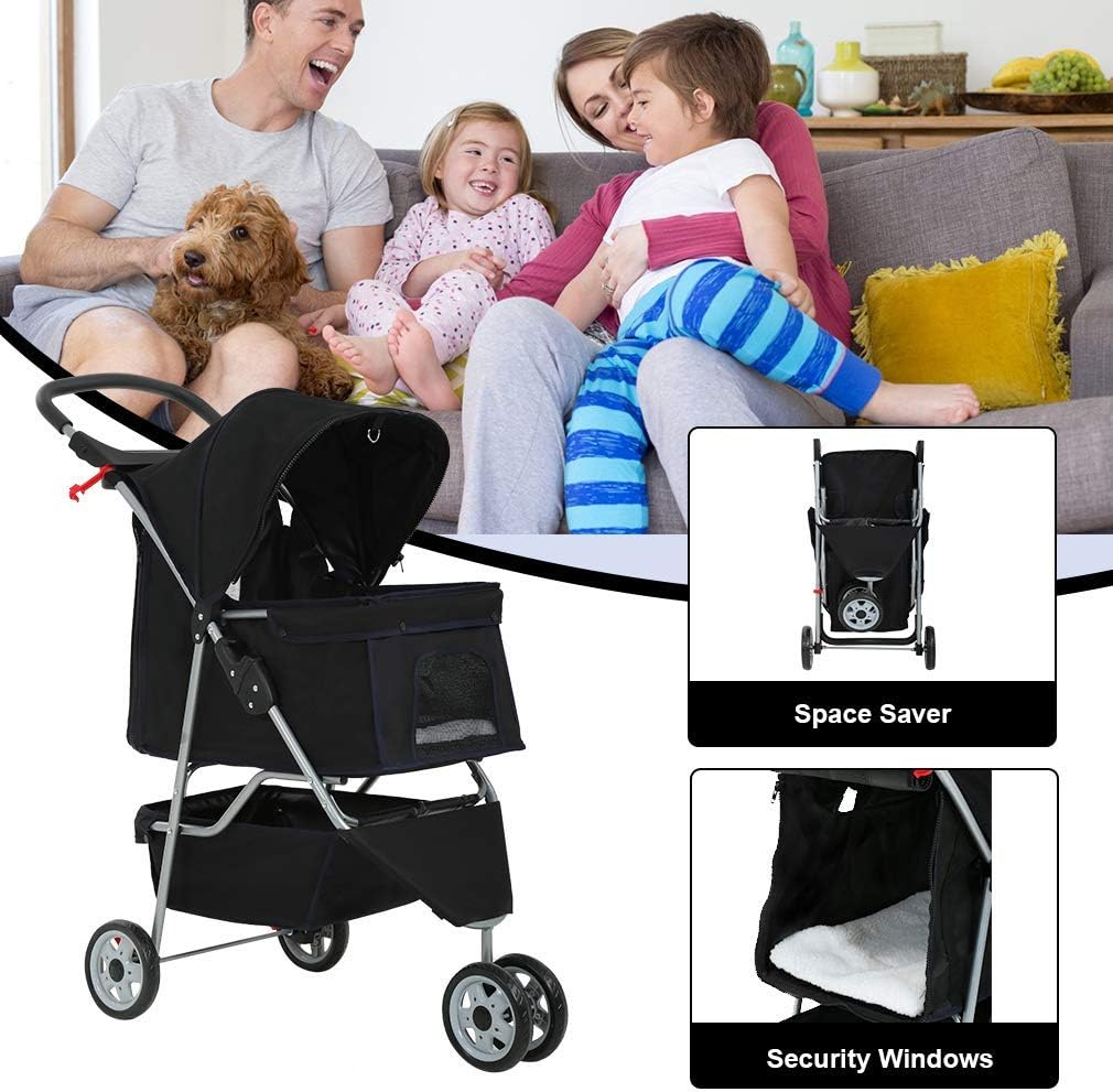 BestPet 3 Wheels Pet Stroller Dog Cat Cage Jogger Stroller for Medium Small Dogs Cats Travel Folding Carrier Waterproof Puppy Stroller with Cup Holder & Removable Liner,Black