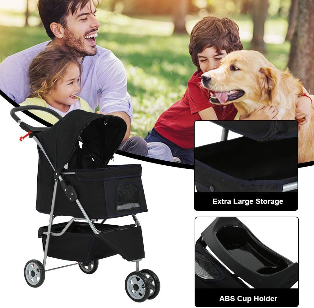 BestPet 3 Wheels Pet Stroller Dog Cat Cage Jogger Stroller for Medium Small Dogs Cats Travel Folding Carrier Waterproof Puppy Stroller with Cup Holder & Removable Liner,Black