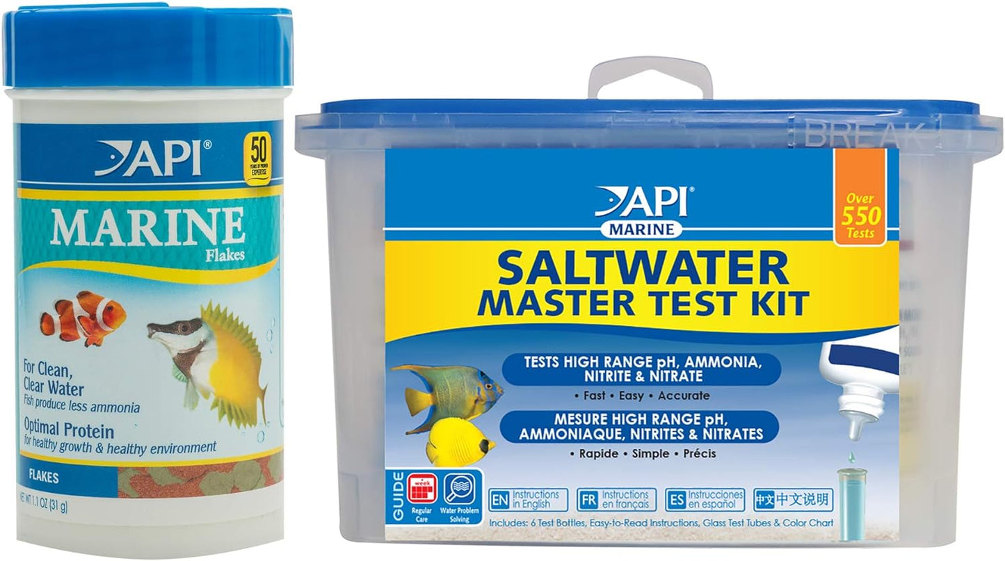 API Marine Bundle Pack: One (1) API SALTWATER MASTER TEST KIT, one (1) API MARINE FLAKES Fish Food