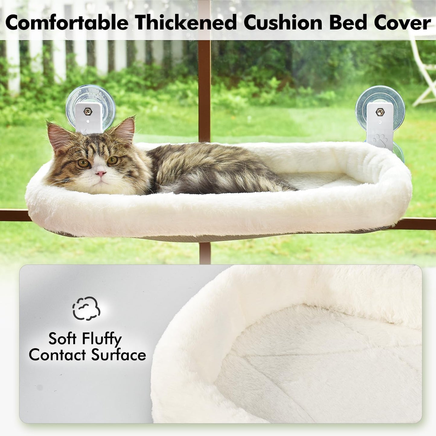 Cordless Cat Window Perch, Cat Hammock for Wall with 4 Strong Suction Cups, Solid Metal Frame and Two Replaceable Covers, Foldable Cat Beds for Indoor Cats (Large-Cushion Bed-Gray)