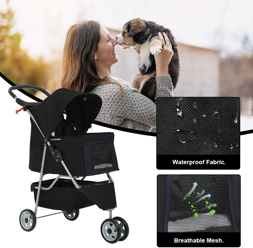 BestPet 3 Wheels Pet Stroller Dog Cat Cage Jogger Stroller for Medium Small Dogs Cats Travel Folding Carrier Waterproof Puppy Stroller with Cup Holder & Removable Liner,Black