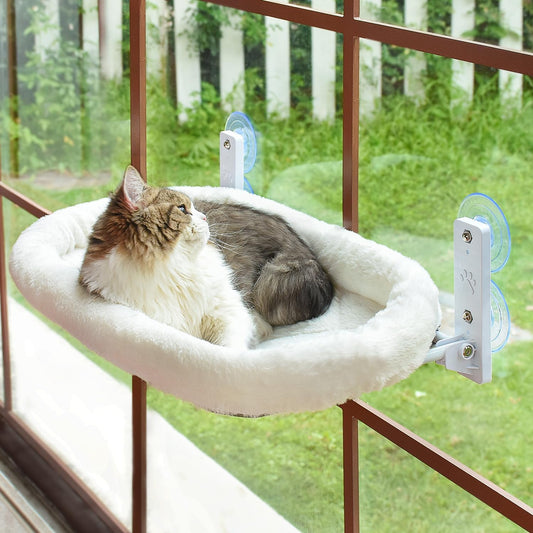 Cordless Cat Window Perch, Cat Hammock for Wall with 4 Strong Suction Cups, Solid Metal Frame and Two Replaceable Covers, Foldable Cat Beds for Indoor Cats (Large-Cushion Bed-Gray)