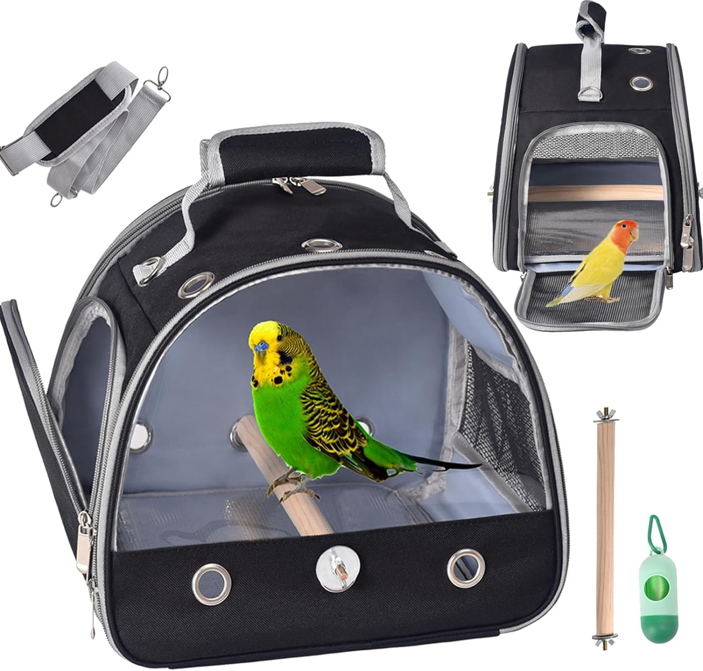 Bird Carrier Travel Cage with Stand, Small Bird Travel Cage for Parrot, Small Bird Carrier for Travel Parakeet Carrier with Shoulder Strap, Bird Cages for Parakeets (Black)