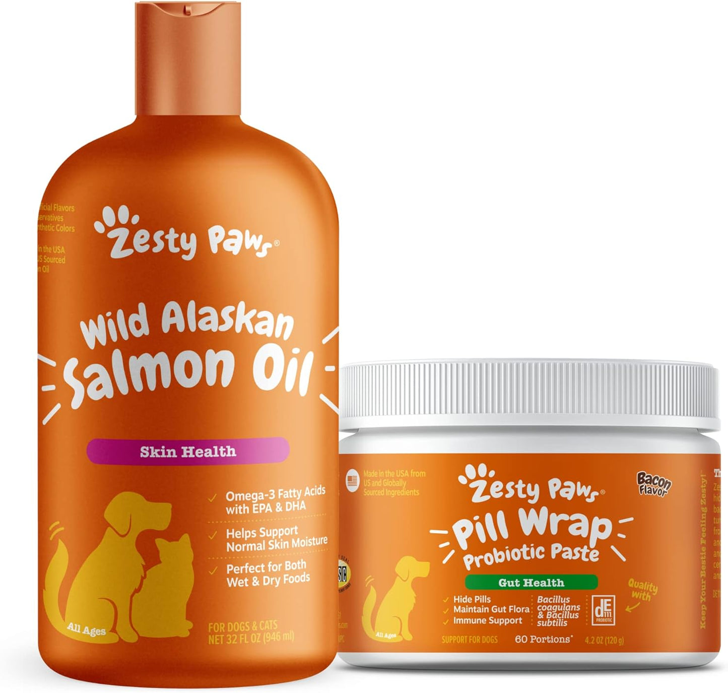 Pure Wild Alaskan Salmon Oil for Dogs & Cats - Omega 3 Skin & Coat Support + Pill Wrap Probiotic Paste for Dogs - Immune & Digestive System Support