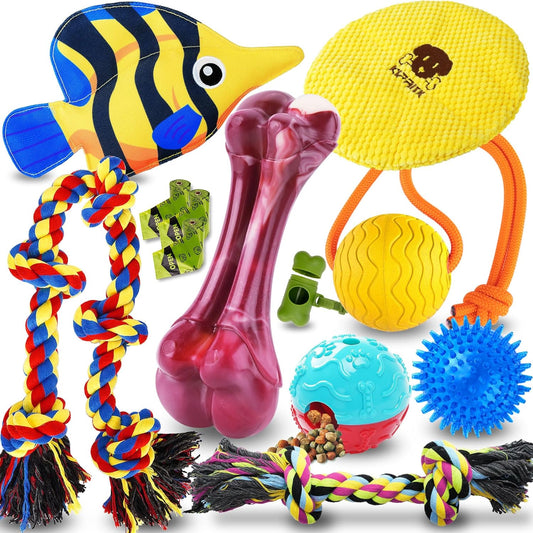 Tough Dog Toys for 45-90lbs Dogs-12 Pack Various Dog Toys for Boredom with Tough Ropes, Squeaky Toys & Dog Treat Balls for Medium & Large Breed Dogs