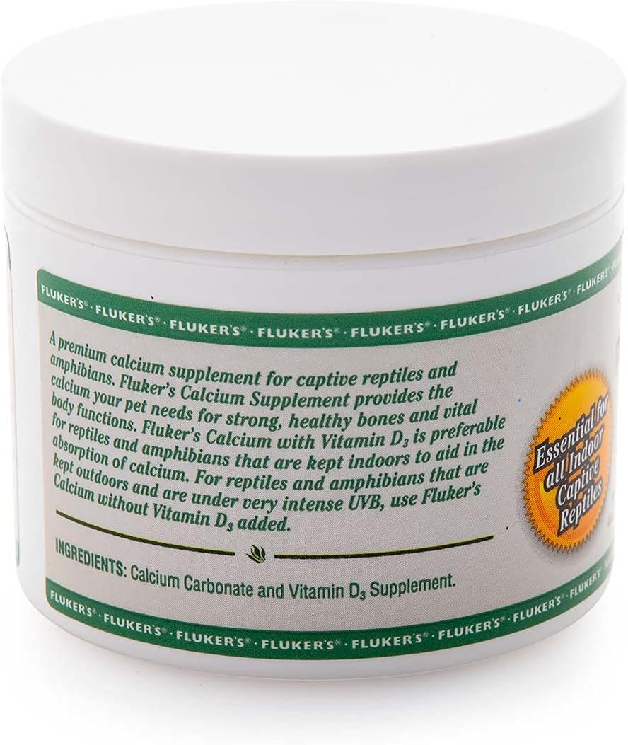 Fluker's Calcium Powder for Reptiles - Premium Reptile Calcium Powder with Added Vitamin D3, for Strong Healthy Bones and Vital Functions - Ideal for Lizards, Snakes, Turtles, Frogs - Made in USA - 4oz