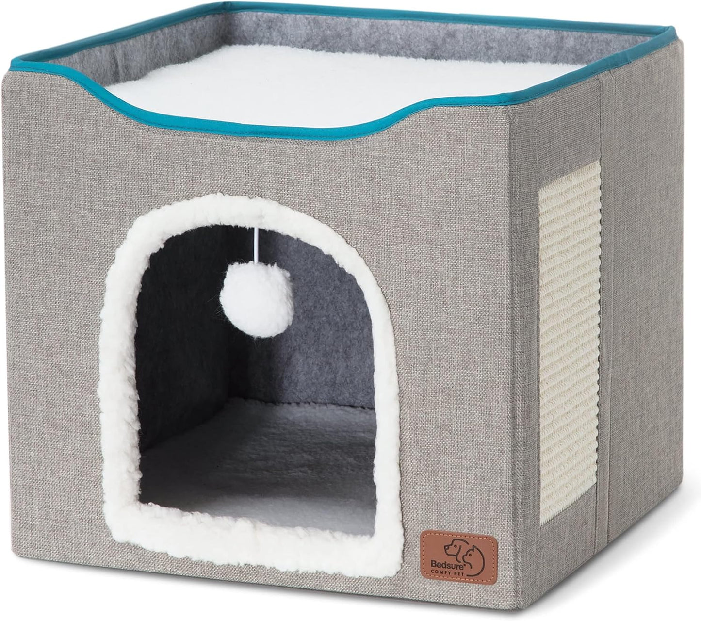 Bedsure Cat Beds for Indoor Cats - Large Cat Cave for Pet Cat House with Fluffy Ball Hanging and Scratch Pad, Foldable Cat Hideaway,16.5x16.5x13 inches, Grey Visit the Bedsure Store