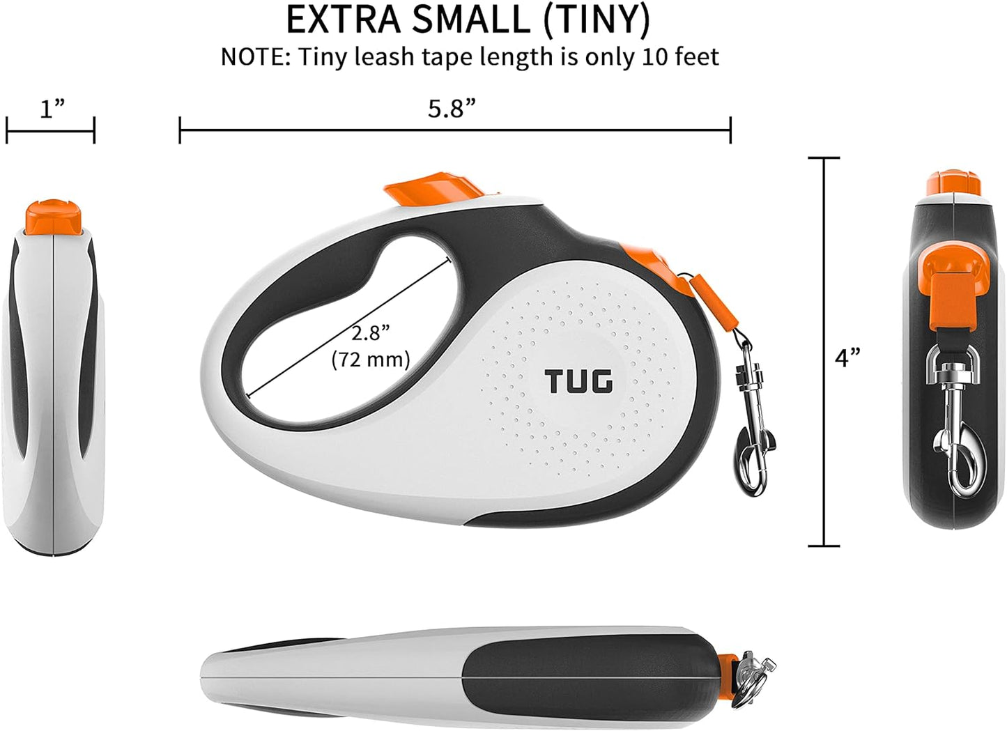 TUG 360° Tangle-Free Retractable Dog Leash with Anti-Slip Handle | 16 ft Strong Nylon Tape | One-Handed Brake, Pause, Lock (Medium, White/Orange)