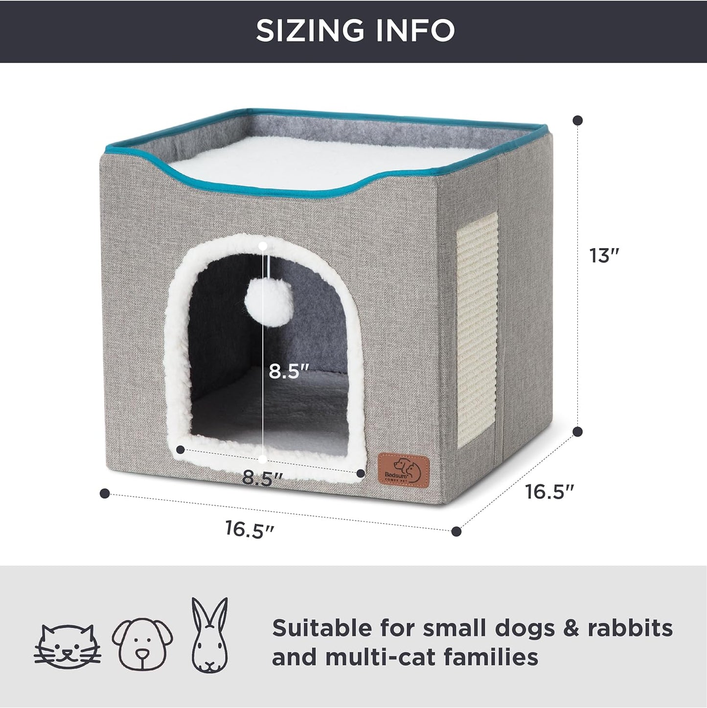 Bedsure Cat Beds for Indoor Cats - Large Cat Cave for Pet Cat House with Fluffy Ball Hanging and Scratch Pad, Foldable Cat Hideaway,16.5x16.5x13 inches, Grey Visit the Bedsure Store