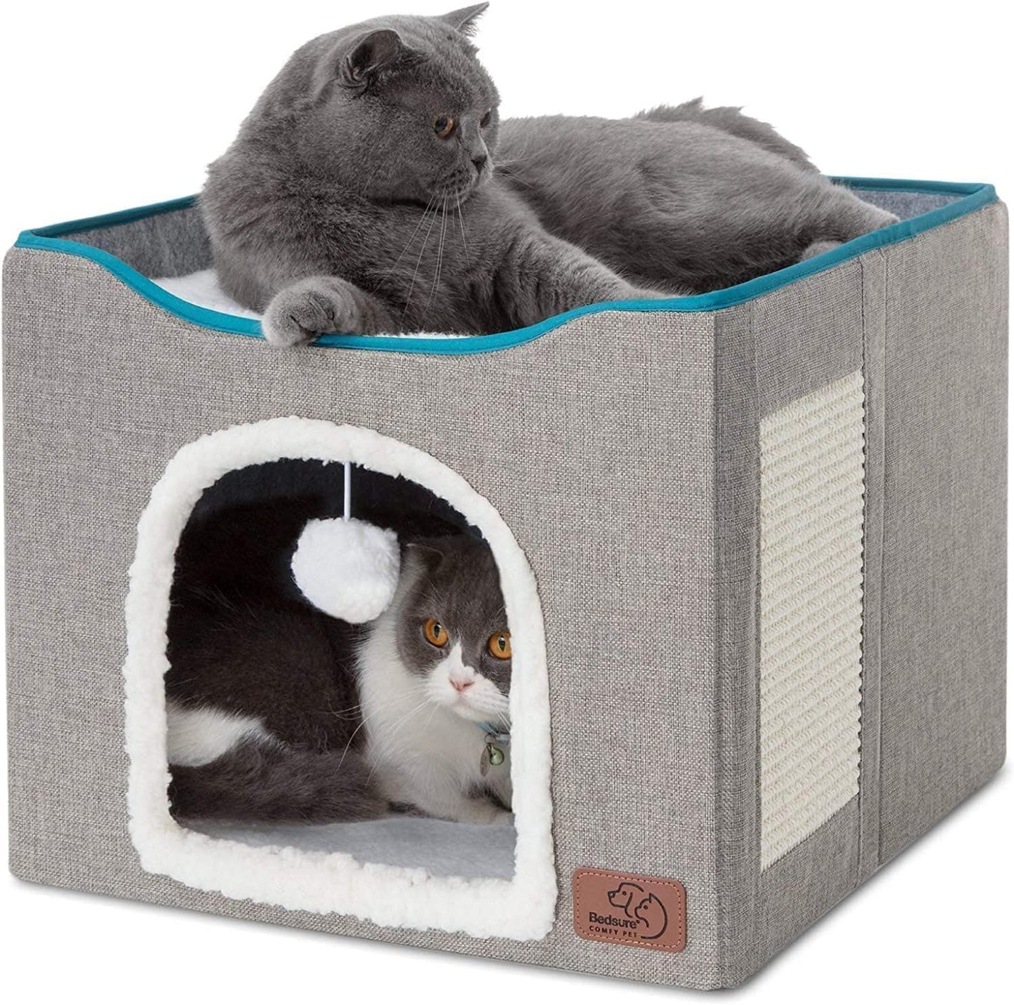 Bedsure Cat Beds for Indoor Cats - Large Cat Cave for Pet Cat House with Fluffy Ball Hanging and Scratch Pad, Foldable Cat Hideaway,16.5x16.5x13 inches, Grey Visit the Bedsure Store