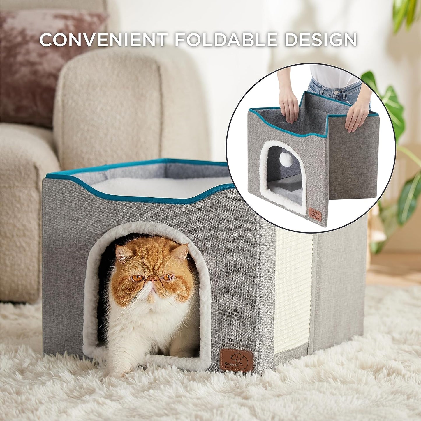 Bedsure Cat Beds for Indoor Cats - Large Cat Cave for Pet Cat House with Fluffy Ball Hanging and Scratch Pad, Foldable Cat Hideaway,16.5x16.5x13 inches, Grey Visit the Bedsure Store