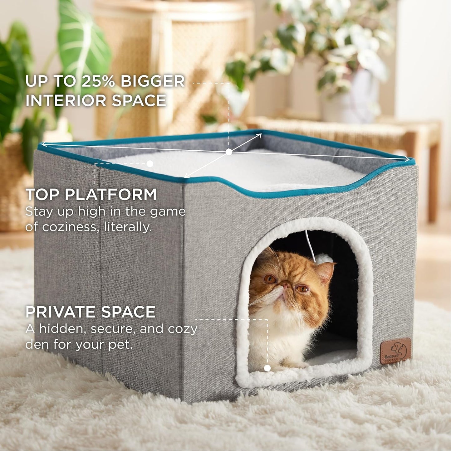 Bedsure Cat Beds for Indoor Cats - Large Cat Cave for Pet Cat House with Fluffy Ball Hanging and Scratch Pad, Foldable Cat Hideaway,16.5x16.5x13 inches, Grey Visit the Bedsure Store