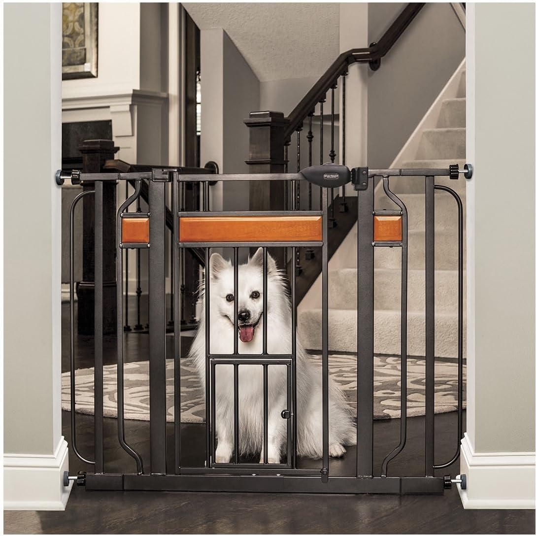 Carlson Home Design Extra Wide Walk Thru Pet Gate with Small Pet Door, Includes Décor Hardwood, 4-Inch Extension Kit, Pressure Mount Kit and Wall Mount Kit