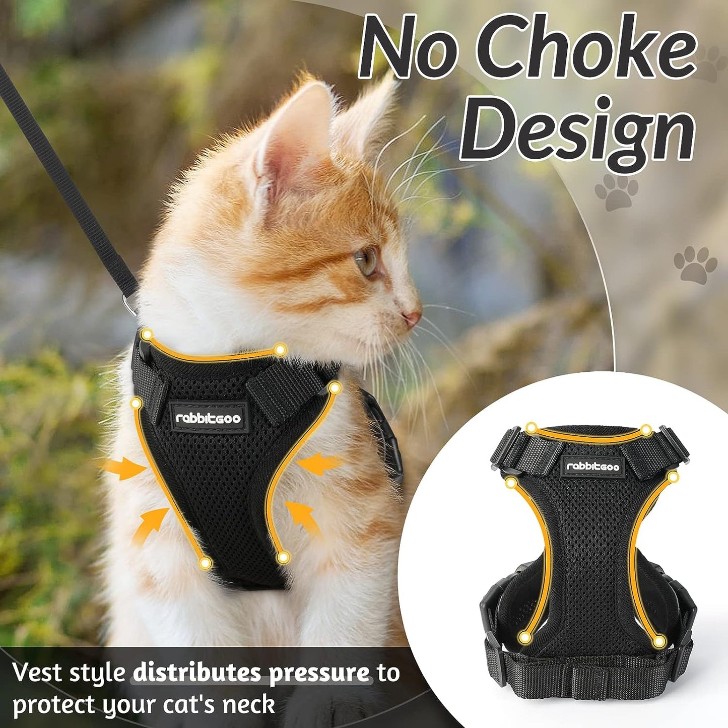 rabbitgoo Cat Harness and Leash for Walking, Escape Proof Soft Adjustable Vest Harnesses for Cats, Easy Control Breathable Reflective Strips Jacket, Black